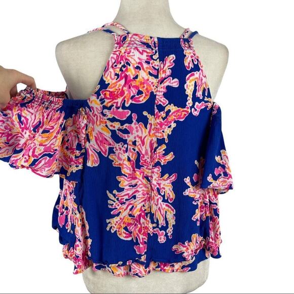 Lilly Pulitzer Bellamie Brilliant Blue Cold Shoulder Top Blouse Size XXS - Picture 7 of 16